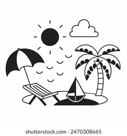 Dibujo en blanco y negro de una escena de playa con una tabla de surf, una silla, una sombrilla y una palmera