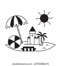 A black and white drawing of a beach scene with a surfboard, a chair, an umbrella, and a palm tree