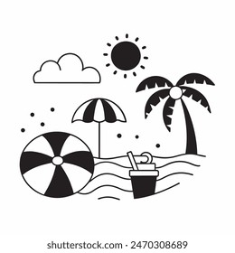 A black and white drawing of a beach scene with a surfboard, a chair, an umbrella, and a palm tree