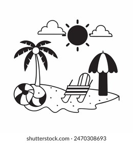 Dibujo en blanco y negro de una escena de playa con una tabla de surf, una silla, una sombrilla y una palmera