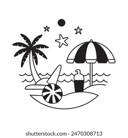 A black and white drawing of a beach scene with a surfboard, a chair, an umbrella, and a palm tree
