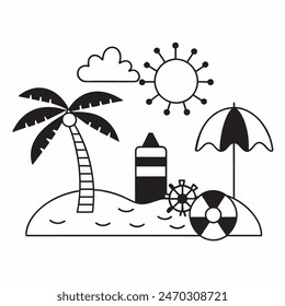 Dibujo en blanco y negro de una escena de playa con una tabla de surf, una silla, una sombrilla y una palmera