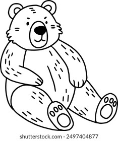 A black and white drawing of a bear sitting on the ground. The bear has a frowning expression on its face, giving the impression that it is unhappy or angry