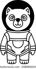 A black and white drawing of a bear in a space suit. The bear has a big smile on its face and is looking up at the camera. Concept of adventure and excitement