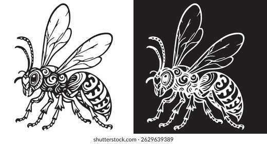 Um desenho preto e branco de uma abelha com um fundo preto e branco. A abelha é mostrada em duas cores diferentes, uma em preto e branco e a outra em cores. A abelha é desenhada com muitos detalhes