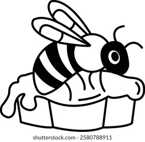 A black and white drawing of a bee laying on a piece of cake. Scene is lighthearted and playful, as the bee is depicted as enjoying a sweet treat