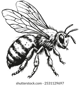 A black and white drawing of a bee. The bee is standing on its hind legs and has its wings spread out. The drawing has a simple and clean look to it, with the focus on the bee's form and details