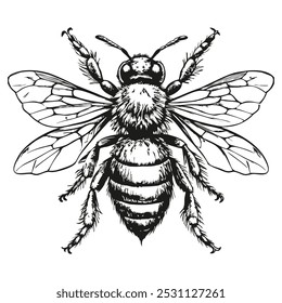 A black and white drawing of a bee with its wings spread out. The bee is the main focus of the image, and its wings are spread wide open, giving it a sense of freedom and movement