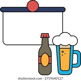 Un dibujo en blanco y negro de una botella de cerveza y una taza con espuma encima. La botella de cerveza está en el lado izquierdo de la taza, y la taza está en el lado derecho de la botella de cerveza