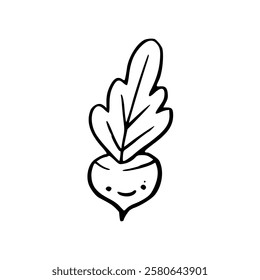 A black and white drawing of a beet with a smile