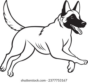 Black and white drawing of a Belgian Malinois dog running