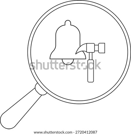 Black and white drawing a bell and hammer under a magnifying glass