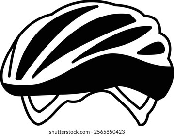 A black and white drawing of a bicycle helmet. The helmet is designed to protect the head from injury during cycling