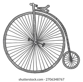 Un dibujo en blanco y negro de una bicicleta con una Grande rueda