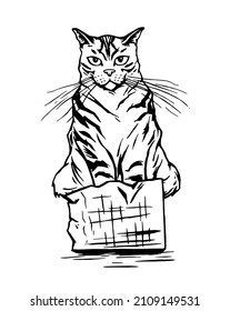 Black And White Drawing Of A Big Cat That Sits In A Small Box. Vector Traced Image.