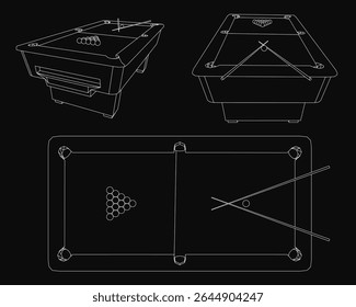 A black and white drawing of a billiard set featuring a pool table with cues and balls arranged for play. The dark background emphasizes the classic game's elegance and simplicity.
