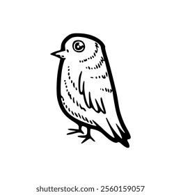 A black and white drawing of a bird