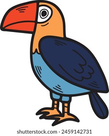 A black and white drawing of a bird with a large beak and a colorful tail. The bird is standing on one leg and looking at the camera