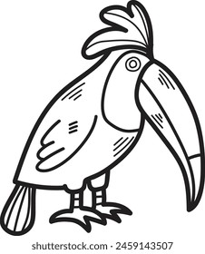 A black and white drawing of a bird with a large beak and a colorful tail. The bird is standing on one leg and looking at the camera