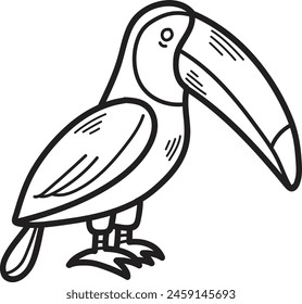 A black and white drawing of a bird with a large beak and a colorful tail. The bird is standing on one leg and looking at the camera