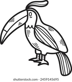 A black and white drawing of a bird with a large beak and a colorful tail. The bird is standing on one leg and looking at the camera