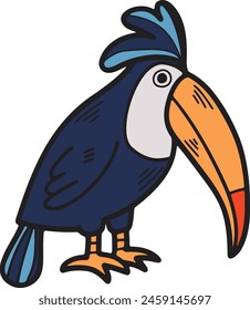 A black and white drawing of a bird with a large beak and a colorful tail. The bird is standing on one leg and looking at the camera