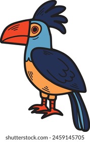 A black and white drawing of a bird with a large beak and a colorful tail. The bird is standing on one leg and looking at the camera