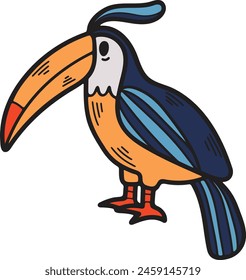 A black and white drawing of a bird with a large beak and a colorful tail. The bird is standing on one leg and looking at the camera