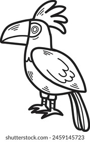 A black and white drawing of a bird with a large beak and a colorful tail. The bird is standing on one leg and looking at the camera