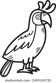 A black and white drawing of a bird with a large beak and a colorful tail. The bird is standing on one leg and looking at the camera