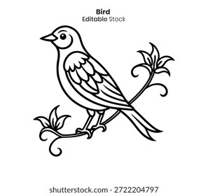 Um desenho preto e branco de um pássaro descansando em um ramo carregado de flores, ideal para projetos de arte.