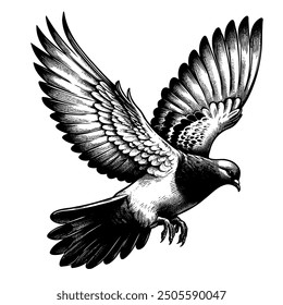 A black and white drawing of a bird with its wings spread out. The bird is flying high in the sky, and its wingspan is quite large. Concept of freedom and grace