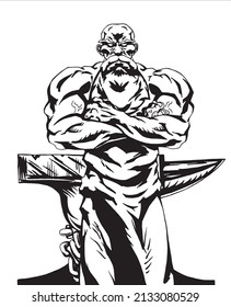 Black   white drawing blacksmith and crossed arms the background an anvil  A traced image made in the style comics for stickers  illustrations  etc 