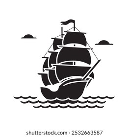 A black and white drawing of a boat sailing in the vast ocean. line drawn illustration.