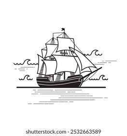 A black and white drawing of a boat sailing in the vast ocean. line drawn illustration.