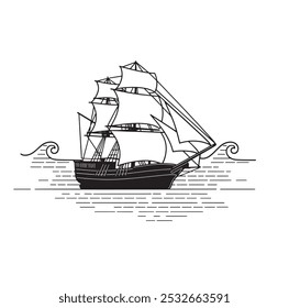 A black and white drawing of a boat sailing in the vast ocean. line drawn illustration.