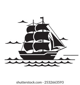 A black and white drawing of a boat sailing in the vast ocean. line drawn illustration.