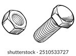 Black and white drawing of bolt and nut. Vector illustration. 