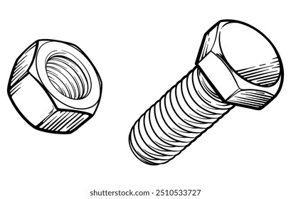 Desenho preto e branco de parafuso e porca. Ilustração vetorial. 