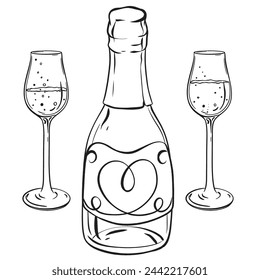 a black and white drawing of a bottle of champagne and two wine glasses