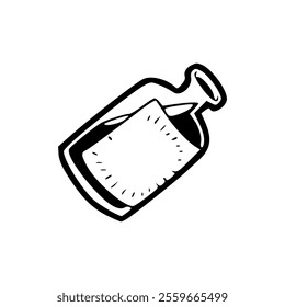 A black and white drawing of a bottle with a paper inside
