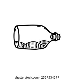 A black and white drawing of a bottle with waves in it