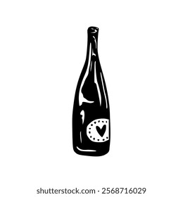 A black and white drawing of a bottle of wine