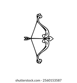 A black and white drawing of a bow and arrow