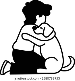 A black and white drawing of a boy hugging a dog. The boy and dog are both smiling, conveying a sense of happiness and warmth. The image suggests a heartwarming moment between a child and their pet