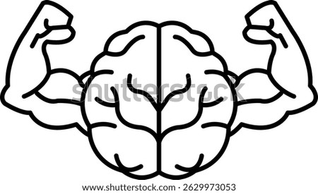 A black and white drawing of a brain and bicep muscles. The brain is surrounded by the bicep muscles, giving the impression of strength and power. Concept of the importance of mental strength