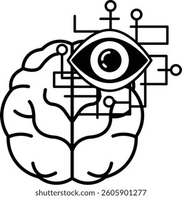 A black and white drawing of a brain with an eye in the middle. The eye is surrounded by a black circle and the brain is surrounded by a black circle