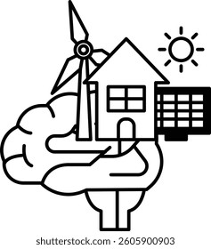 A black and white drawing of a brain holding a house and a wind turbine. The drawing conveys the idea of renewable energy and the importance of sustainable living