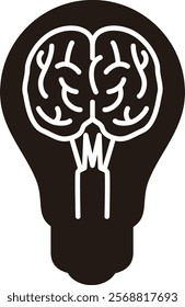 A black and white drawing of a brain with a light bulb in the middle