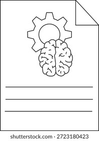 Dibujo en blanco y negro de un cerebro bajo un engranaje sobre papel forrado con una esquina doblada